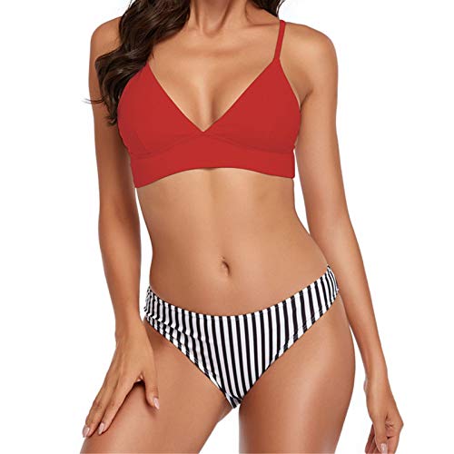 Bikini deux pièces femme à rayures col en V et bretelles spaghetti rembourré