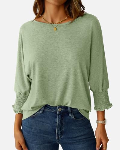 NORACORA 3/4 Sleeve Womens Tops Fall Clothes Casual Spring Summer Lightweight Loose Fit Basic Tunic Shirts Business Dressy Casual Blouses with Smocked Cuffs Grass Green XL — view 2