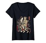 Mujer Esqueleto Ero Guro Ukiyo-E Extraño Horror Japonés Arte Camiseta Cuello V