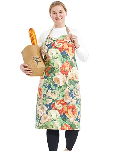 Apronner Cotton Linen Baking Plus Size Aprons For Women With Pockets Kitchen Cooking Water-Ink Flower #TOP6