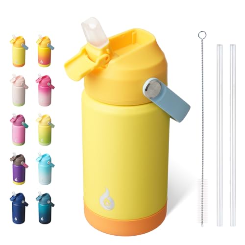 Image of BJPKPK Insulated Water Bottle with Straw Lid, 12oz Thermo Water Bottles with Soft Nozzle, Flex Handle & Non-slip Boot, BPA Free Leak Proof Stainless Steel Metal Thermo, Tumblers, Cups,Yellow
