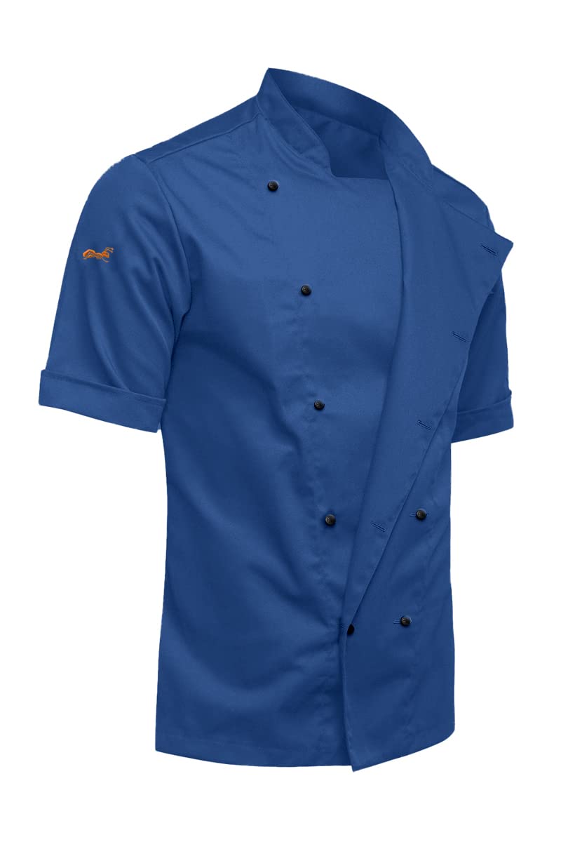 Strongant Men's Cornflower Blue Lightweight Fabric Easymove Short-Sleeved Chef's Jacket With Ball Buttons Slim Fit Chef's Uniform Baker's Jacket, M