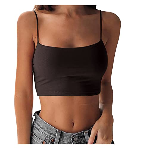 Camiseta de tirantes para mujer, de color liso, sin mangas, elástica, con tirantes finos, sin espalda, camiseta de verano, con tirantes, camiseta de verano, ajustada, para el tiempo libre, marrón, M