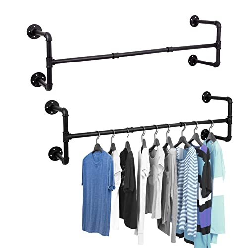 Queiting 2PCS Wall Mounted Clothes Rail 105cm Industrial Pipe Hanger Towel Rack Vintage Garment Bar Heavy Duty Wall Rail for Clothing Rod Hanging Display Holder for Bedroom Laundry