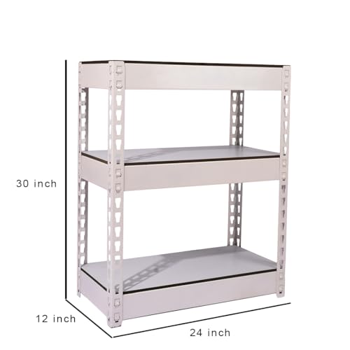 Image of SHIOK DECOR 3 Tier Iron Rack for Storage /Display Racks and Shelves /Storage Organizer /Adjustable Metal Shelf with Wooden Plank /Multipurpose Boltless Shelves (White)