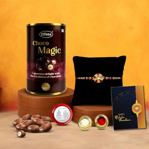 Image of DeoDap Designer Lotus Elephant Magic (96g) Silver Rakhi Set of 2 with Chocolate, Silver Pooja Coin, Tilak Set, Greeting Card - Rakhi Gift for Brother
