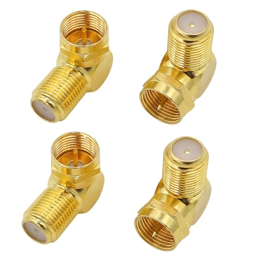 Right Angle Coax Connector, Gold-Plated L Shape F Type Coaxial RG6 Adapter 4-Pack Male to Female 90