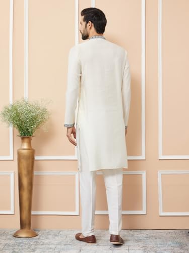 Image of See Designs Men's Long Sleeve Mandarin Collar Side Slit Cream Embroidered Chanderi Silk Straight Kurta with Pyjama