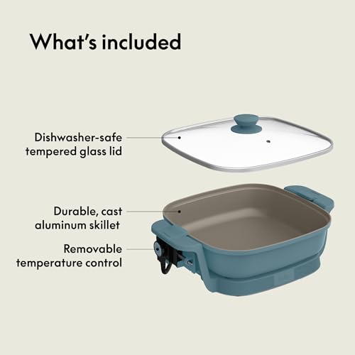 bella Make & Take Electric Skillet, Fits-anywhere™ kitchenware, EverGood™ Ceramic Coating, Adjustable Temperature & Dishwasher-Safe Tempered Glass Lid, Cast Aluminum Base, 1200 Watt, Surf by BELLA - Image 5
