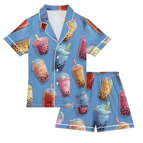 Satin Pajama Sets Short Sleeve Bubble Tea Colorful Pattern Button Down Silky Nightwear 2 Piece PJS 5Y,