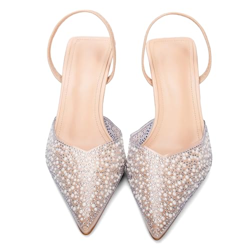 Image of YIYA Women's Clear Slingback Heels with Pearl Studded Pointed Toe Kitten Mid Heels Sparkly Rhinestone Slip On Wedding Party Shoes