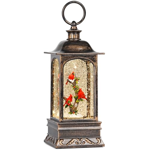 Snow Globe Christmas Decorations, 6H Timer Lighted Christmas Lantern Musical Snow Globe for Home Decor (3 Cardinals)