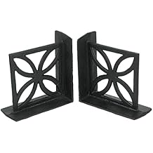 Set of 2 Elegant Black Cast Iron Mid Century Modern Breeze Block Bookends with Floral Design - Stylish Home and Bookshelf Decor Accessories, 5.25 Inches High