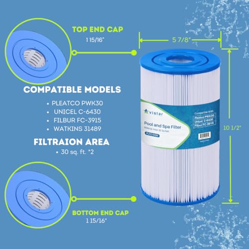 Vistar Water Technologies PLFC-6430 Spa Filter is A Replacement for, Pleatco PWK30, Filbur FC-3915, P/N0969601, 71825, 73178, 73250, and Watkins 31489, 30 sq ft Pleated Fabric Filter Media 1 Pack