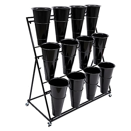 WETUSSEX 3 Tiers Metal Flower Plant Display Stand Shelf with Wheels and 12 Flower Buckets, 3 Layers Indoor Outdoor Moving Florist Bouquet Shelf, for Patio Garden, Living Room, Florist (Black) -  DLJHGC3X00-1+DLJHGC6A00-1-Alin