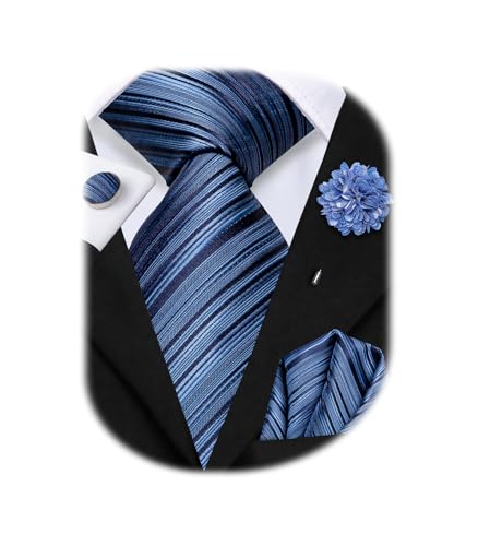Image of Hi-Tie Men Silk Ties Set with Flower Lapel Pin Necktie Pocket Square Cufflinks for Tuxedo Wedding Business