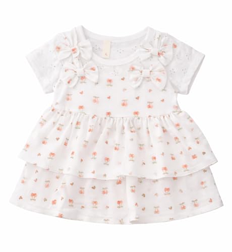 Image of Bold N Elegant Baby Girl Cotton Summer Dress Frock with Cherry Print n Bow | Short Sleeve Casual Outfit for Infant Toddler Girls
