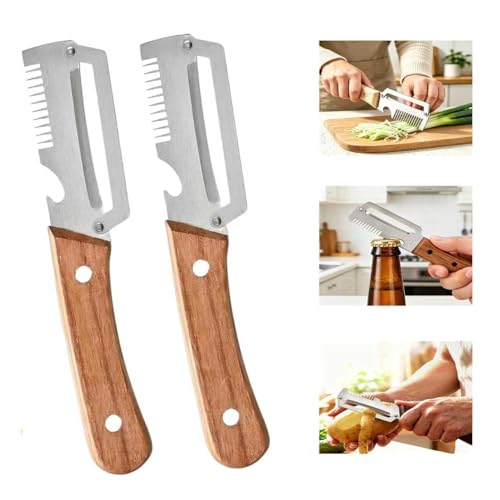 2Pcs Multifunctional Vegetable Peelers, 3-in-1 Kitchen Peeler with Wooden Handle, Stainless Steel Blade, Scallion Shredder and Built-in Bottle Opener, Fruit & Vegetable Peeling Tool