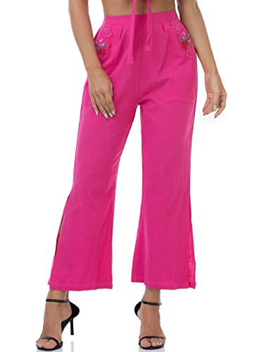 YZXDORWJ Women's Summer Embroidered Casual Cotton Pant Lace Pockets Boho Trousers