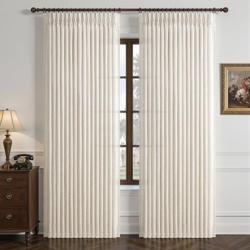 Pinch Pleated Linen 50 Inch Wide Curtains 96 Inches Long for Living Room Memory Trained Pleat Boho Semi Sheer Birch Light Filtering Privacy Drapes 50x96 Inch Length 2 Panels Set Curtain Cream Ivory