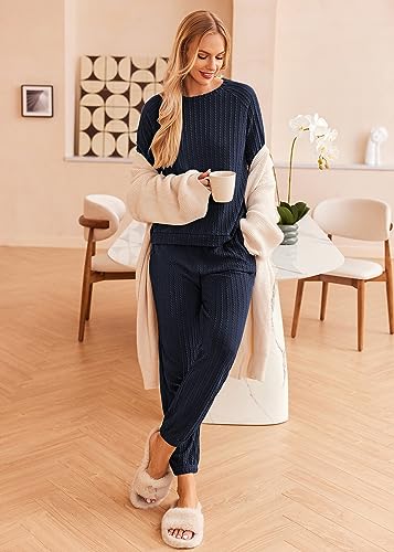 Ekouaer Lounge Sets for Women Ribbed Knit Outfits Pajamas Sets 2 Piece Long Sleeve Sweatsuits with Pockets3