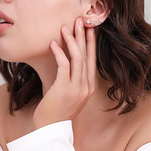 Ear Crawler Earrings Ear Climber – 14K Gold Plated 925 Sterling Silver Flower Ear Cuff Wedding Earrings (Rose Gold) #TOP1