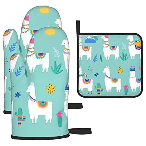 Alpaca Llama Oven Gloves And Pot Holders Set 3 Pack Heat Resistant Oven Mitts And Potholder Pads Sets Of 3 For Kitchen Chef Bbq Cooking Baking Grilling Cover