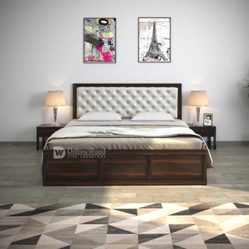 Image of DRIFTINGWOOD Dolvi Sheesham Wood King Size Bed with Storage | Wooden Double Bed Cot Bed with Box Storage & White Rexine Upholstered Cushioned Headboard for Bedroom | Walnut Finish