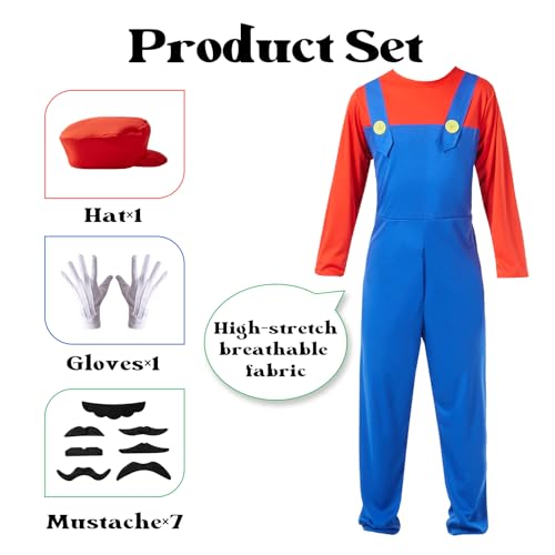 Halloween Costume Men Adult,Plumber Jumpsuit Cosplay Costume with Hat Gloves Moustache Accessories Set4