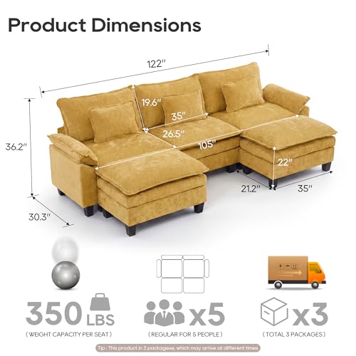 Image of URRED Oversized Modular Sectional Sofa,Yellow:122 inch U Shaped