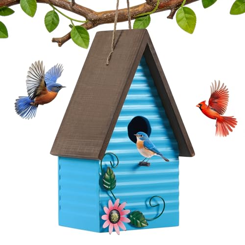 handrong Blue Bird Houses for Outside,Blue Birdhouses for Outdoors,Hanging Bluebird Houses for Outside,Wooden Hummingbird House,Decorative Bird Nest,Country Style Bird Box,Bird Gifts for Bird Lovers