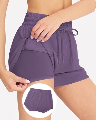 Runhit 2 in 1 Womens Running Shorts 2.5" Athletic High Waisted Purple Grey - 3