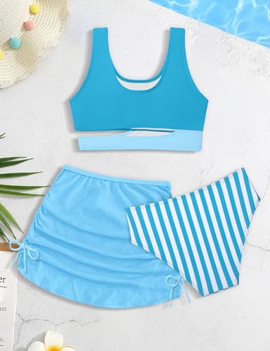 Image of BAVADER Girls Swimsuit Cutout Tropical Floral Bathing Suit for Girls 3 Pcs Bikini with Drawstring Cover up Skirt 7-16Y