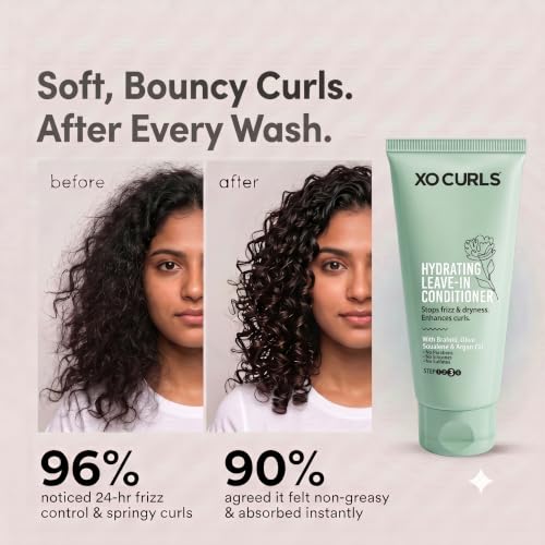 Image of XO Curls Hydrating Leave In Conditioner for Dry and Frizzy Hair. With Brahmi, Olive Squalene & Argan Oil For Frizz-Free, Soft Curly and Wavy Hair. Leave in Conditioner for Curly Hair Women - 50ml