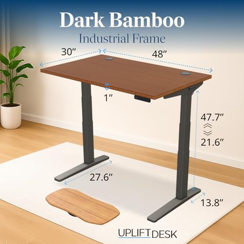 Image of UPLIFT DESK Dark Bamboo (48 x 30 inch) Standing Desk 2-Leg V3 Adjustable Stand Up C-Frame (Indus.), Advanced Keypad, Wire Grommets, Wire Tray, Rocker Board