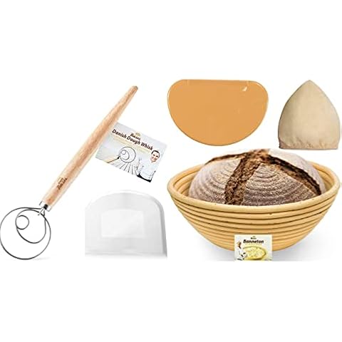 Danish Dough Whisk Bread Mixer and Bread Bosses Round 9 Inch Banneton Proofing Basket - Great as a Gift Cover