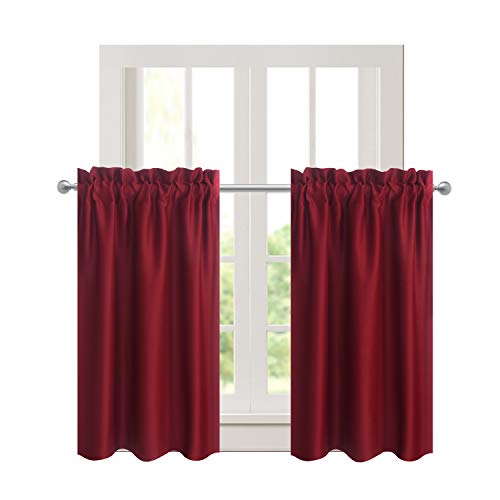 Aquazolax Blackout Curtain Tier Panel Home Decorative Window Treatment Curtain Tier/Valance For Kitchen, 2 Panels Set, 28" Wide X 36" Long, Burgundy Red #TOP24