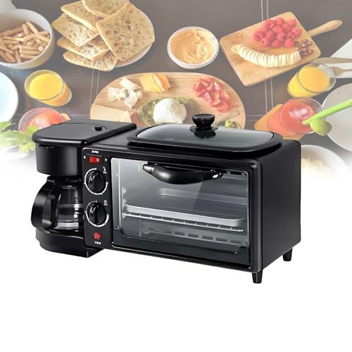 4-in-1 Breakfast Station with Mini Oven, Coffee Brewer, Non-stick Griddle and Toaster Combo, Multifunction Appliance for Compact Kitchens, Dorm Rooms