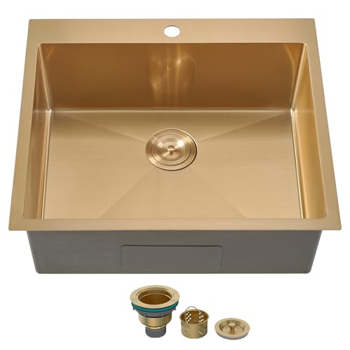 SHACO Fregadero de cocina dorado de 25 x 22 pulgadas, fregadero de lavandería dorado para caravana, montaje superior, acero inoxidable calibre 16, fregadero de cocina pequeño profundo