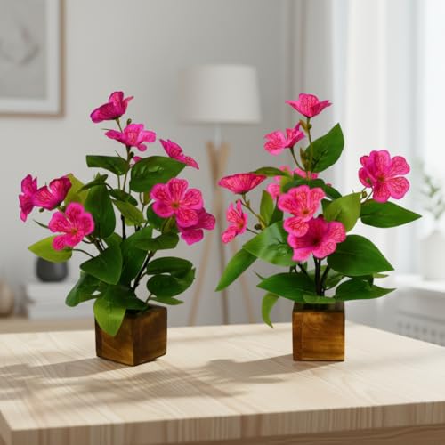 Image of fancymart Artificial Flower Plant Set of 2 with Wooden Pot - 23 cm Height | Real-Touch Faux Floral Decor for Home, Office, Living Room, Bedroom, Desk & Gift Purpose