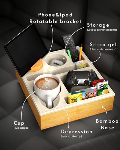Couchbar Snackbox Silikon sofatablett mit 360 Grad Drehbar Handyhalter beistelltisch mit Holz Sofatablett für Sofa, kino Deko… – Ansicht 2
