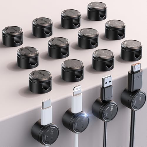 16Pack Cord Organizer, Chfeila [360°Rotating Twist-Lock] Magnetic Cable Management Clips, Adhesive Phone Charging Keeper Wire Cord Holder for Nightstand/Car/Wall, Office Desk Accessories Decor (Black)