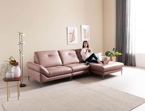 Image of Fabrique David Leatherette Sturdy Look lshape 4 Seater Sofa Set Light Pink | Luxury Comfortable Furniture Perfect for Home Guests Office & Living Room | Stainless Steel Legs