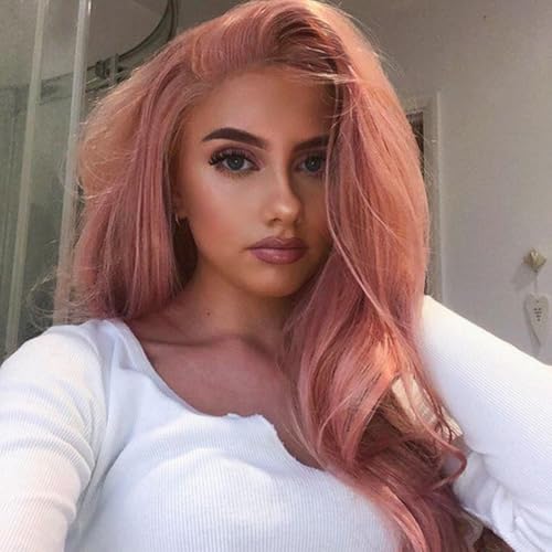 Angle Lucky Peach Pink Lace Front Wig Long Wavy Rose Gold Middle Part Lace Wig Heat Resistant Fiber Synthetic Real Hairline Premium Cosplay Wigs for Women 24 Inches