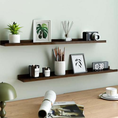 Image of Walnut Floating Shelves for Wall Decor, 40 in Shelf with Lip, 2 Set | 4.5 inch Deep Display Picture Ledge Shelf, Long Wall Mounted Storage Shelves for Bedroom, Bathroom, Living Room, Kitchen, Nursery