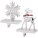 GUDELAK Christmas Stocking Holders for Mantle Set of 2, Silver Snowflake Stocking Holder & Reindeer Stocking Hanger for Fireplace Mantle Christmas Decorations, Can Bear Within 4.5 lb
