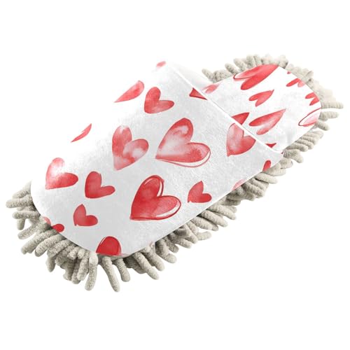 YEGAME Microfiber Kitchen Cleaning Slippers, Red Hearts Soft Washable Reusable House Cleaning Slippers for Men Women, Dust Dirt Hair Microfiber Mop Cleaner Shoes, Large