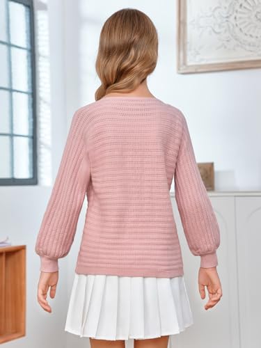 Image of Mafulus Girl's Puff Long Sleeve Crewneck Pullover Sweaters Kids Cable Knit Hollow Out Slouchy Cute Fall Jumper Tops 5-14T