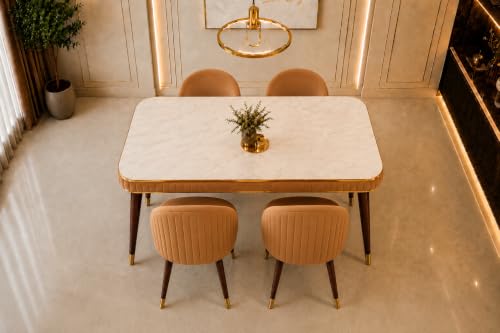 Image of WOODEN SPACE Majestic 4 Seater Wooden Dining Table Set | Urban Marble Top Dining Table with Chairs for Dining Room & Kitchen (Majestic Classic Backline Mustard) (54 x 36 x 30 inch)