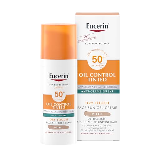 Eucerin Oil Control Tinted Sun Face Gel-Creme LSF 50+ Mittel 50ml, unparfümierte Sonnencreme mit Dry Touch für empfindliche, fettige und zu Akne neigende Haut, getönte Tagescreme mit UV-Filter